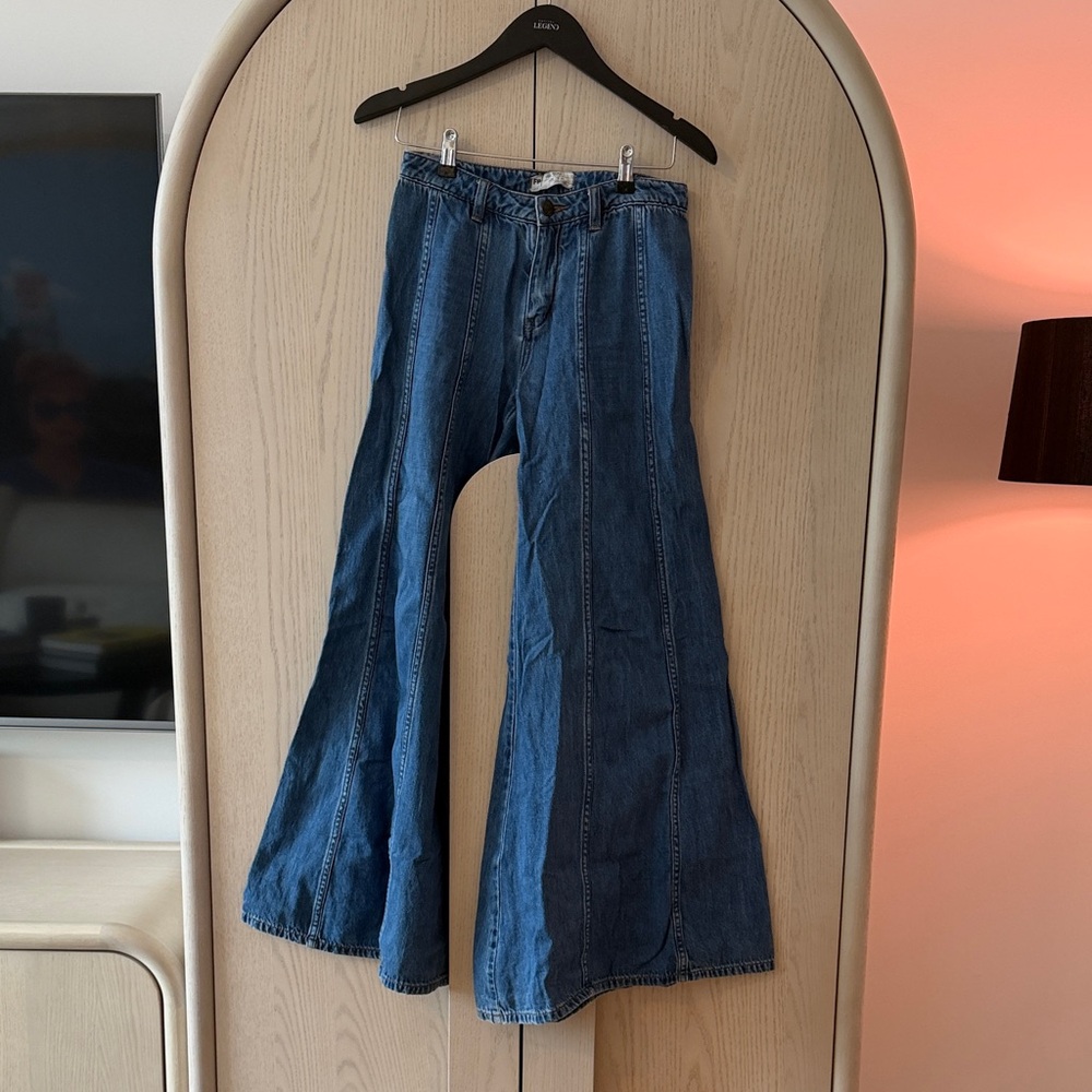 Vintage Free People Dark Blue Ultra Wide Leg Low Rise Jeans